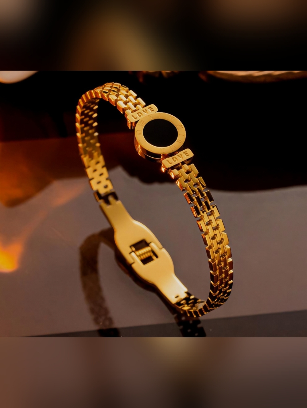 Brass 18k Gold "Plated" Bracelet with Black Circle Accent & "LOVE" Detail-Unisex